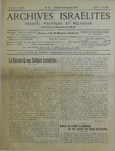 Archives israélites de France. Vol.75 N°53 (31 déc. 1914)